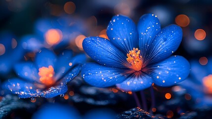 Magical, glowing blue flowers in dark setting