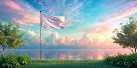 Serene Sunset Vista with Blank White Flag on a Pole by Calm Water