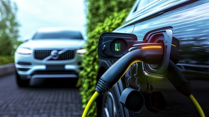 Electric vehicle charging station urban setting automotive image green environment close-up view sustainable technology