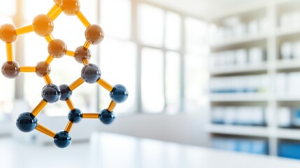A close-up of a molecular structure suspended in a bright laboratory, with shelves in the background, emphasizing scientific research and innovation.