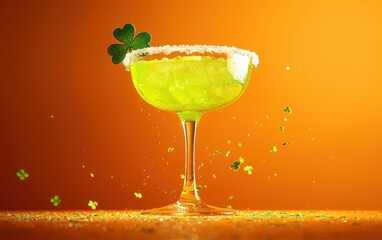 Levitating glowing shamrock margarita with salt rim on bright orange background Saint Patrick Day