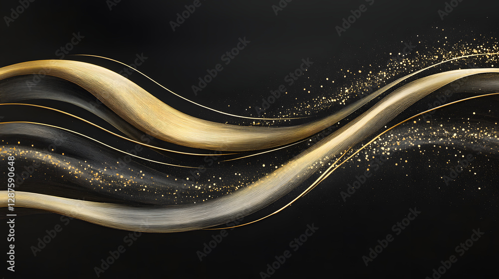 Poster black background with flowing gold and silver waves creating an elegant and dynamic abstract design