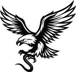 Eagle gripping a snake silhouette vector art, Eagle gripping a snake black line art vector illustration, Eagle gripping a snake isolated vector icon design
