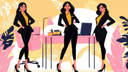 Empowering women in business stylish office attire modern workspace digital illustration vibrant colors bold perspective