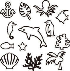 夏　アイコン　海の生物　あしらい　飾り　シルエット　おしゃれ　かわいい　デザイン　イラスト素材セット