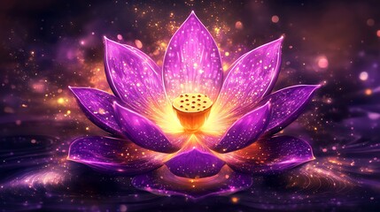 Intricate mandala with vibrant purple lotus flower and glowing golden center against a cosmic background

