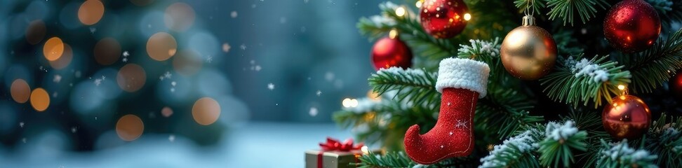 A Christmas tree with colorful stockings and ornaments hanging from its branches, winter wonderland, presents