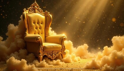 Fototapeta premium A cloud of glittering dust envelops a luxurious golden throne, Luxurious Golden Dust Waves, Throne, Ornate