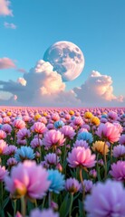 Fototapeta premium A whimsical and vibrant field of multicolored flowers stretches towards a serene twilight sky, where fluffy clouds catch the soft light of the setting sun