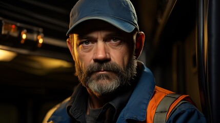Close Up Portrait of a Truck Driver in Blue Cap and Orange Vest At Night