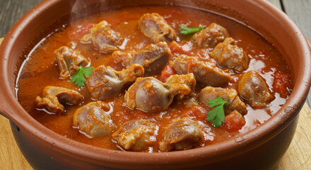 Bowl of cooked chicken gizzards in a tomato based sauce