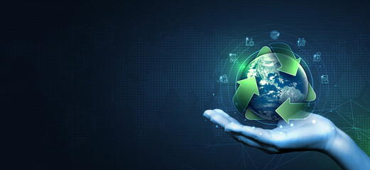 Global recycling day. green arrows recycling symbol with planet earth. reuse reduce recycle. sustainable development concept of eco-friendly practices. Elements of this image furnished by NAZA.