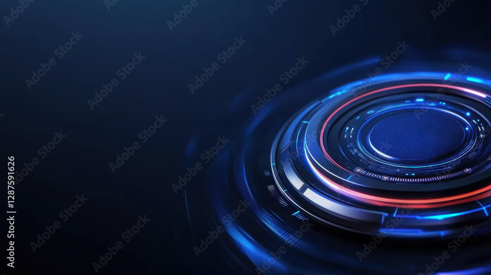 Poster futuristic interface design with glowing circular elements and blue tones