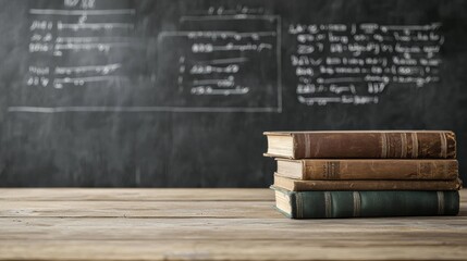 Stack of vintage books on a wooden table beside a black chalkboard filled with equations and notes.