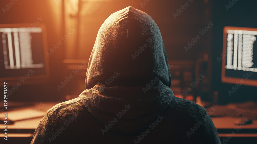 Poster cyber intruder in hoodie, focused on multiple computer screens, creating tense atmosphere