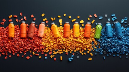 Vibrant array of colorful drink bottles with assorted packaging materials, showcasing eco-friendly options.