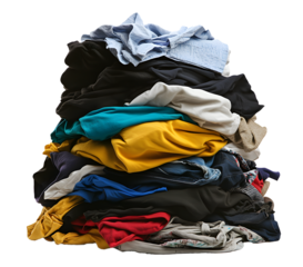 Heaped Pile of Various Clothes Isolated on White Background, Transparent PNG, Cut Out for Laundry and Sorting Concepts