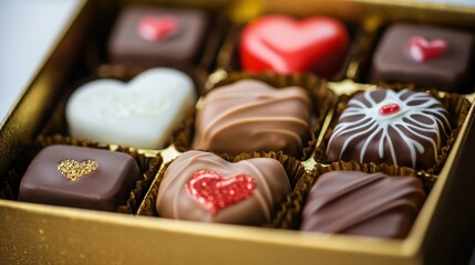 Assorted heart-shaped chocolates in a gold box, perfect for gifts on special occasions