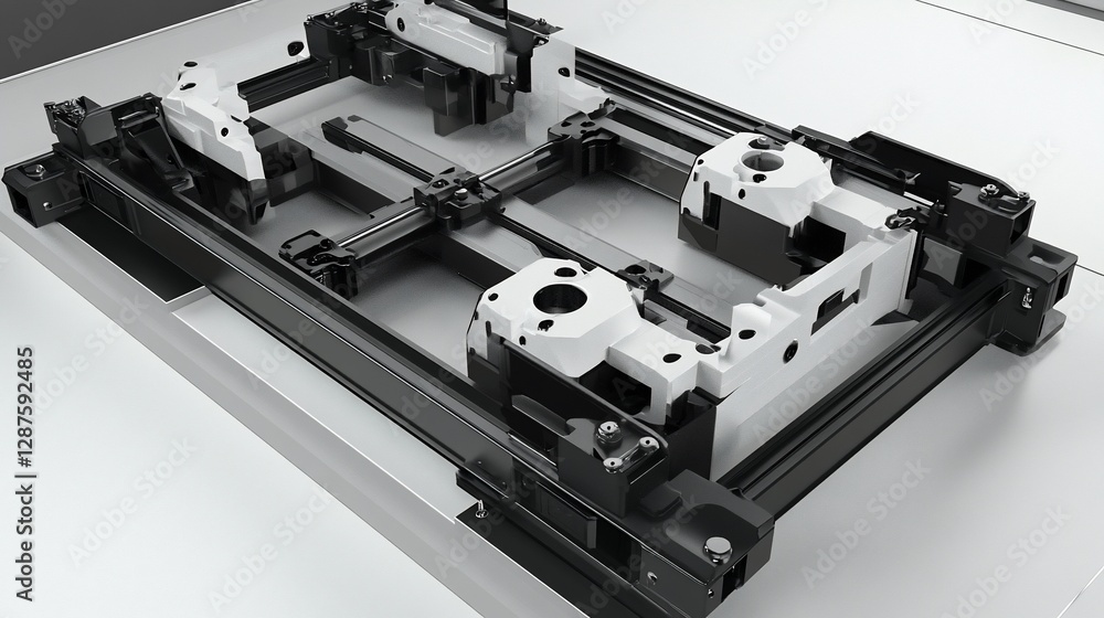 Poster high-precision automated manufacturing system: a detailed 3d render of a robotic assembly jig