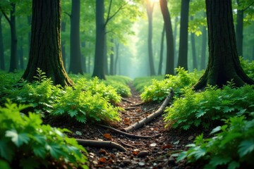 dense fern thicket with fallen branches on forest floor, undergrowth, branches
