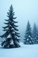 Obraz premium Dense fog swirls around towering evergreen trees in a winter landscape with falling snowflakes, evergreen, snowfall, snowcovered