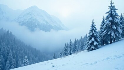 Dense fog wraps around snow-covered mountain slopes, cold weather, frozen trees