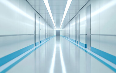 modern corridor with sleek white walls and blue accents, illuminated by bright overhead lights, creating clean and futuristic atmosphere