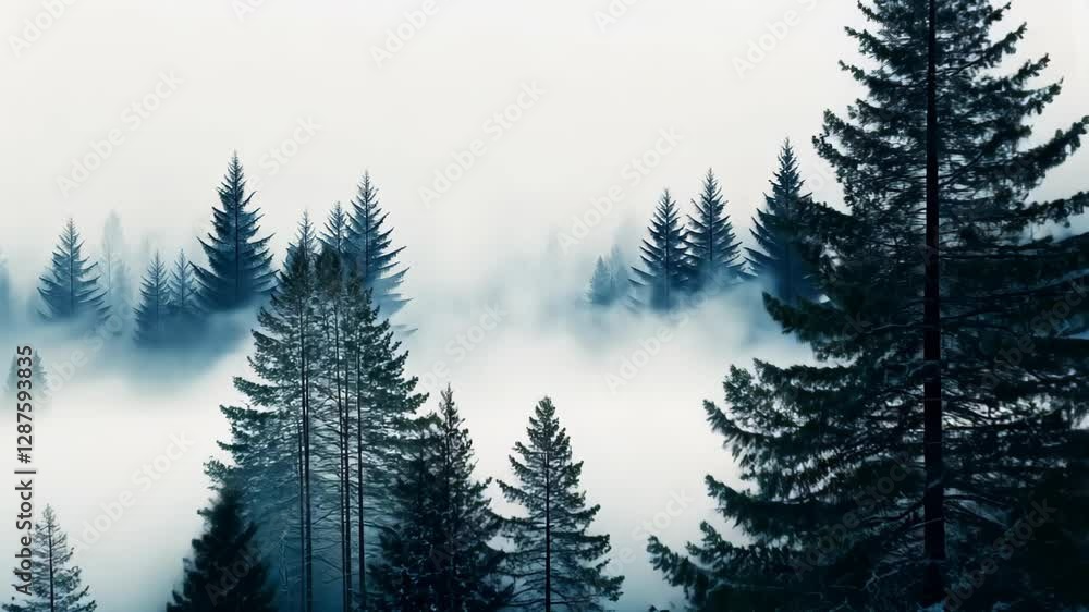 Poster misty forest in monochrome with tall trees fading into the fog creating a serene atmospheric landsca