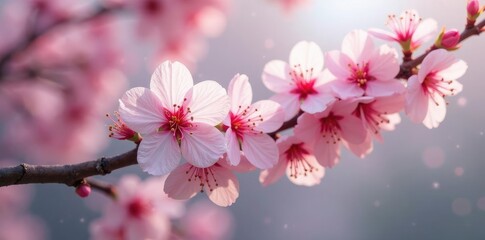 Gentle spring rain nourishes delicate pink and white cherry blossoms,, white