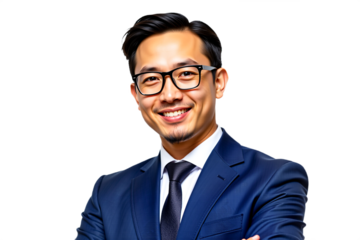 Smiling young businessman headshot in suit and glasses, isolated on transparent background. Professional portrait for corporate website, marketing material, or business presentation.