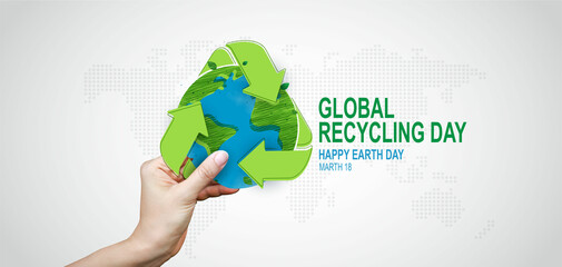 Global recycling day with icons, recycling in environmental sustainability, recycling symbol, bins, plastic bottles and reducing carbon emissions, protect the environment, reducing waste.