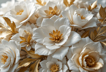 tiles design, flooring, wall, interior, home decor, texture, Ultra Realistic 3D Render of White and Gold Paper Flowers with Intricate Detailing