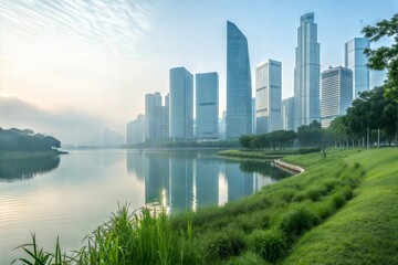 Fototapeta premium Modern City Park by the Lake at Dawn, chicago skyline with river