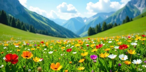Fototapeta premium Meadow full of colorful flowers and green grass, wildflowers, alpine meadow