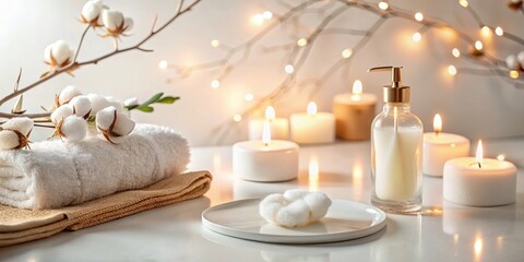 Fototapeta na wymiar Serene Spa Setting with Soft Lighting, Fluffy Cotton Blossoms, and Luxurious Lotion Dispenser