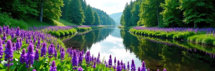 Riverbank covered in purple flowers in the Sakhalin region's dense forest, purple flowers, rivers, blooming plants