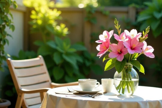 Mesas altas con toallas blancas y vasos de flores, decorado, patio