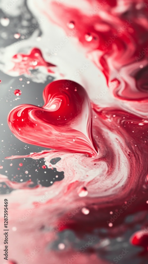 Poster red heart floating in swirling red and white paint with droplets, abstract background. love and crea