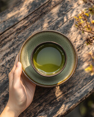 17h top view japanese green tea pouring, japanese scene, rustic scene, top view, natural sunlight, high resolution photograhpy, high quality, sharp focus