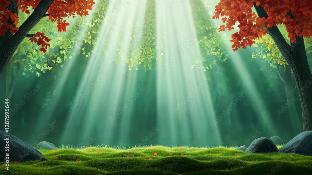 Poster morning light filters through trees of urbasa forest illuminating autumn foliage and creating serene