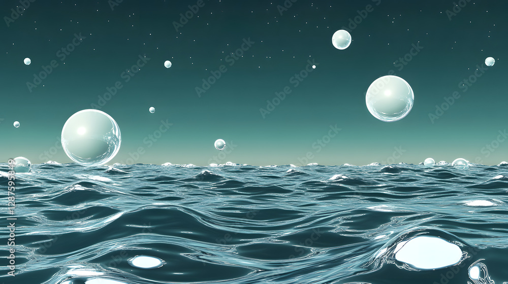 Poster group of bubbles floating in clear blue ocean water creating a tranquil underwater scene