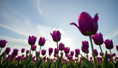 A captivating field of vibrant purple tulips stretches towards a soft, golden sunset sky, capturing the essence of a serene evening.