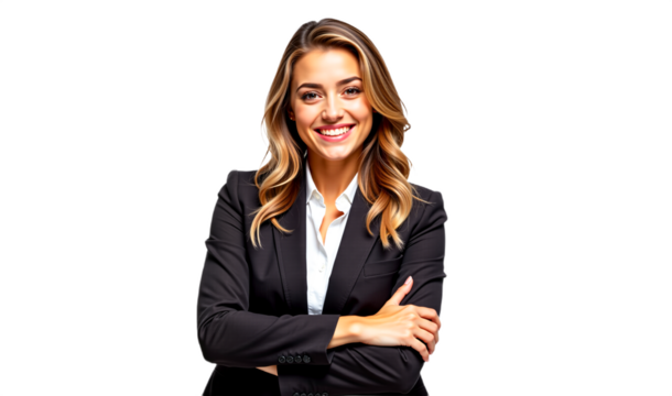 Confident businesswoman portrait, smiling woman in suit, isolated on transparent background. Ideal for corporate, business, and profile images.