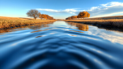 Calm autumn canal, trees reflecting, serene landscape, nature background