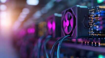 Cryptocurrency mining facility, computer hardware, interior, night