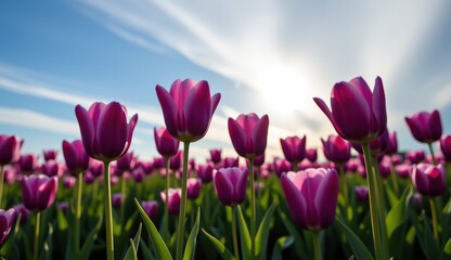 Fototapeta premium A captivating field of vibrant purple tulips stretches towards a soft, golden sunset sky, capturing the essence of a serene evening.