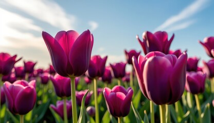 A captivating field of vibrant purple tulips stretches towards a soft, golden sunset sky, capturing the essence of a serene evening.