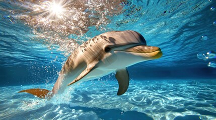Playful dolphin swimming gracefully in clear blue water, sunlight sparkling on the surface