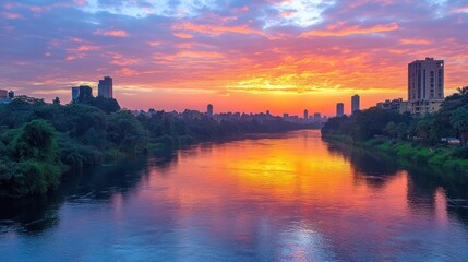 Fototapeta premium Vibrant sunset over a calm river with city skyline reflecting in the water, serene ambiance