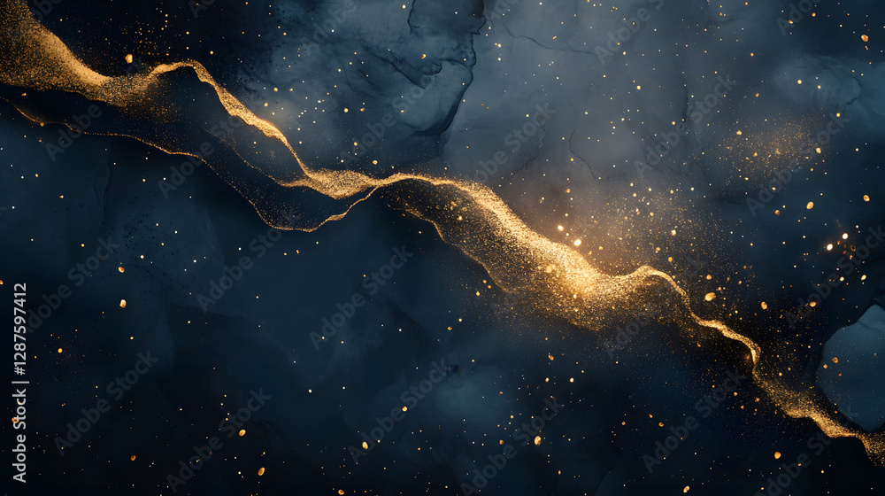 Poster dark blue background with golden glittering texture for abstract art and design use